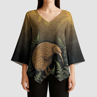 New Zealand Kiwi Bird Kimono Sleeve Blouse Silver Fern Mix Maori Pattern LT05 - Polynesian Pride