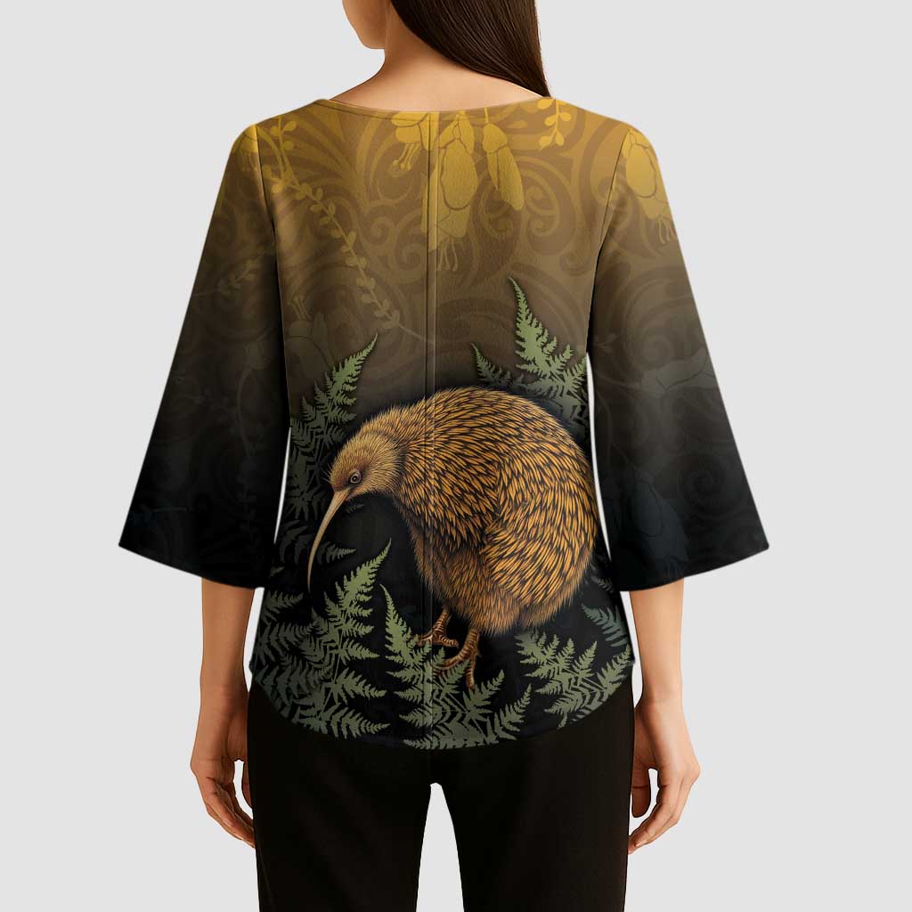 New Zealand Kiwi Bird Kimono Sleeve Blouse Silver Fern Mix Maori Pattern LT05 - Polynesian Pride