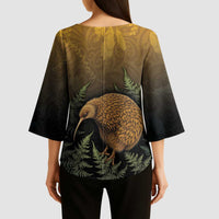 New Zealand Kiwi Bird Kimono Sleeve Blouse Silver Fern Mix Maori Pattern LT05 - Polynesian Pride