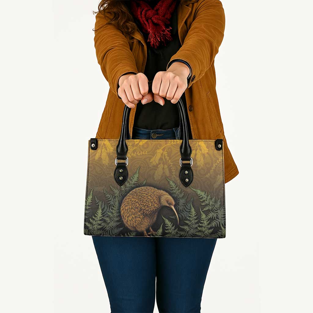 New Zealand Kiwi Bird Leather Bag Silver Fern Mix Maori Pattern