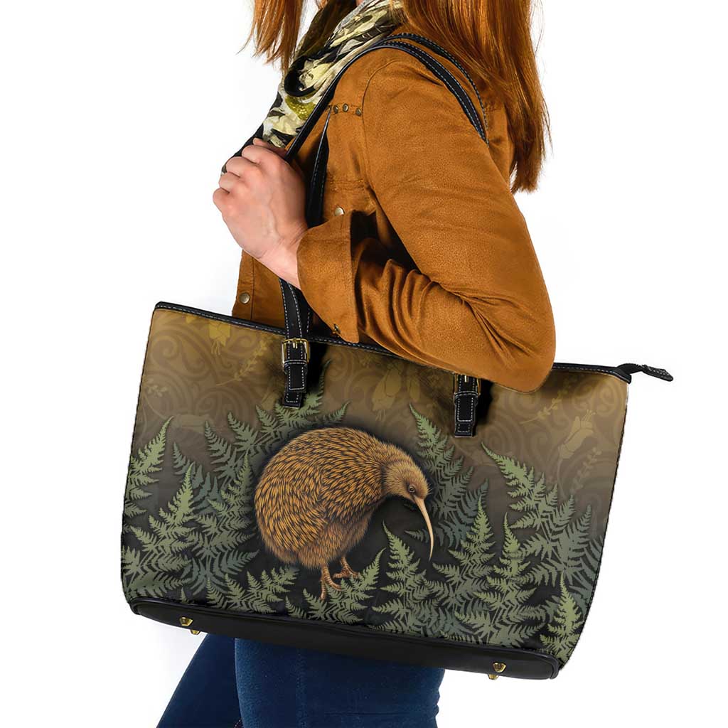 New Zealand Kiwi Bird Leather Tote Bag Silver Fern Mix Maori Pattern LT05 Brown - Polynesian Pride