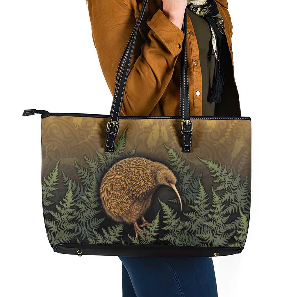 New Zealand Kiwi Bird Leather Tote Bag Silver Fern Mix Maori Pattern LT05 - Polynesian Pride