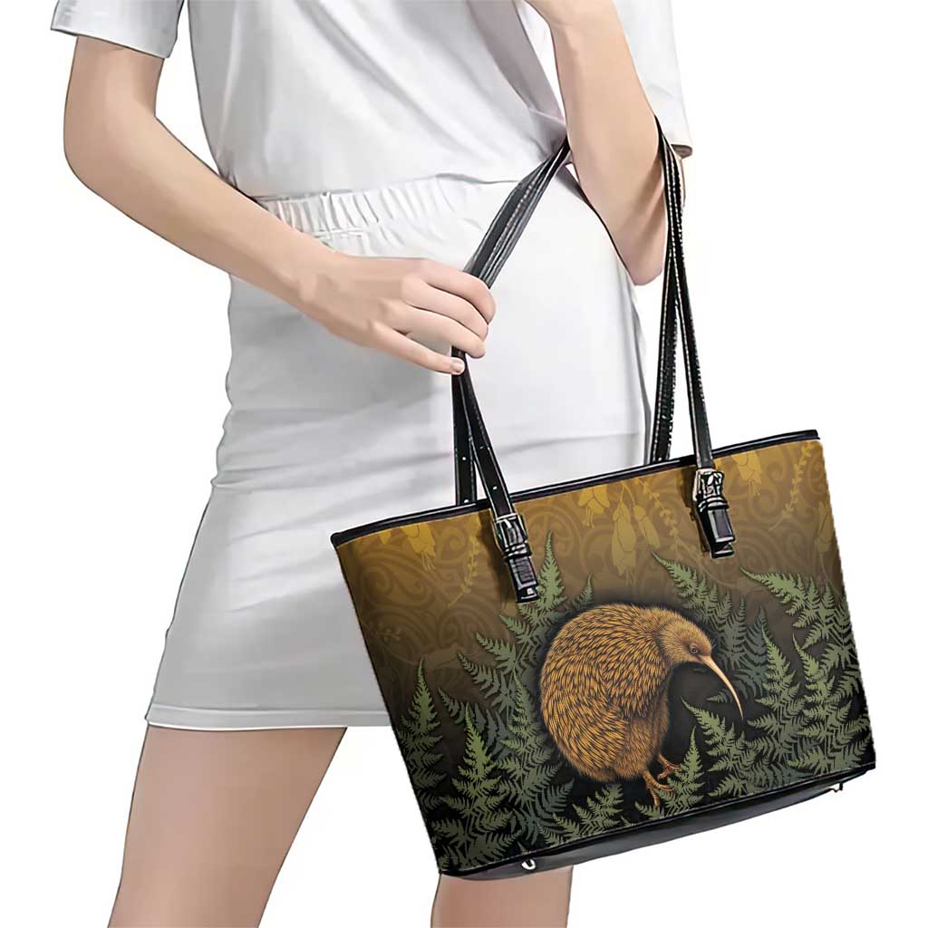 New Zealand Kiwi Bird Leather Tote Bag Silver Fern Mix Maori Pattern LT05 - Polynesian Pride