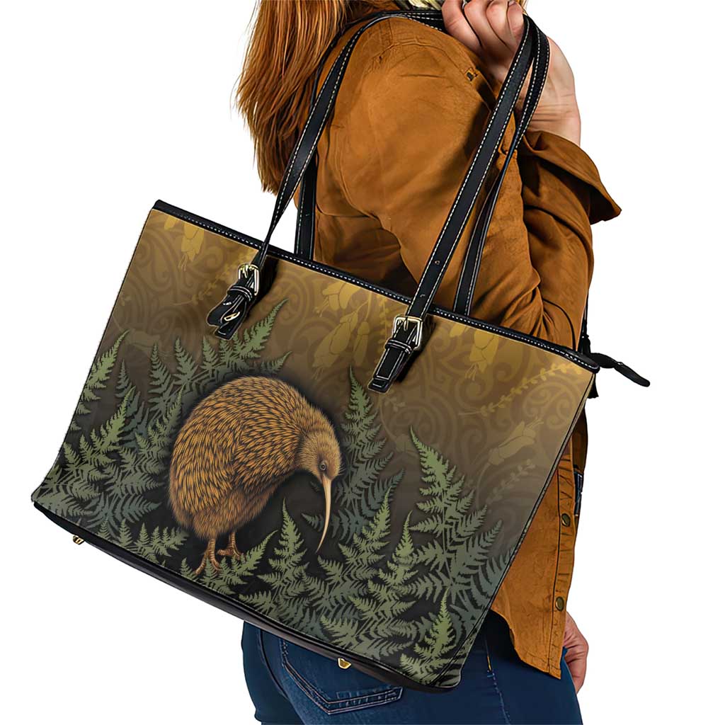 New Zealand Kiwi Bird Leather Tote Bag Silver Fern Mix Maori Pattern LT05 - Polynesian Pride