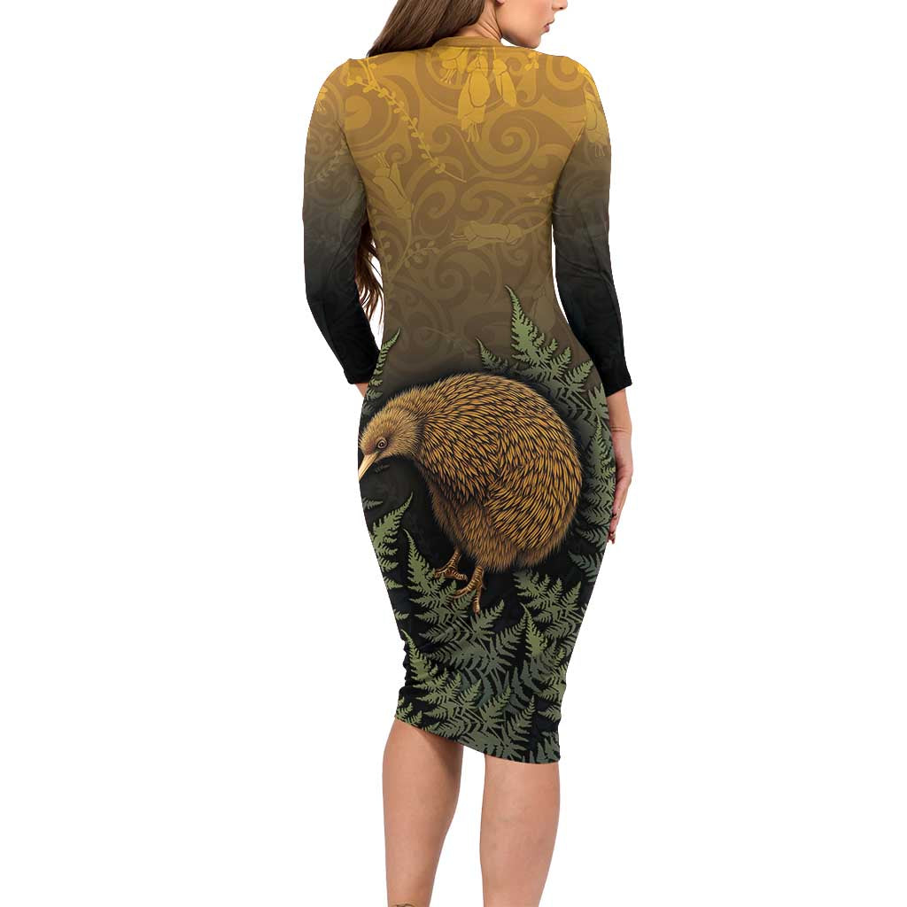 New Zealand Kiwi Bird Long Sleeve Bodycon Dress Silver Fern Mix Maori Pattern LT05 - Polynesian Pride