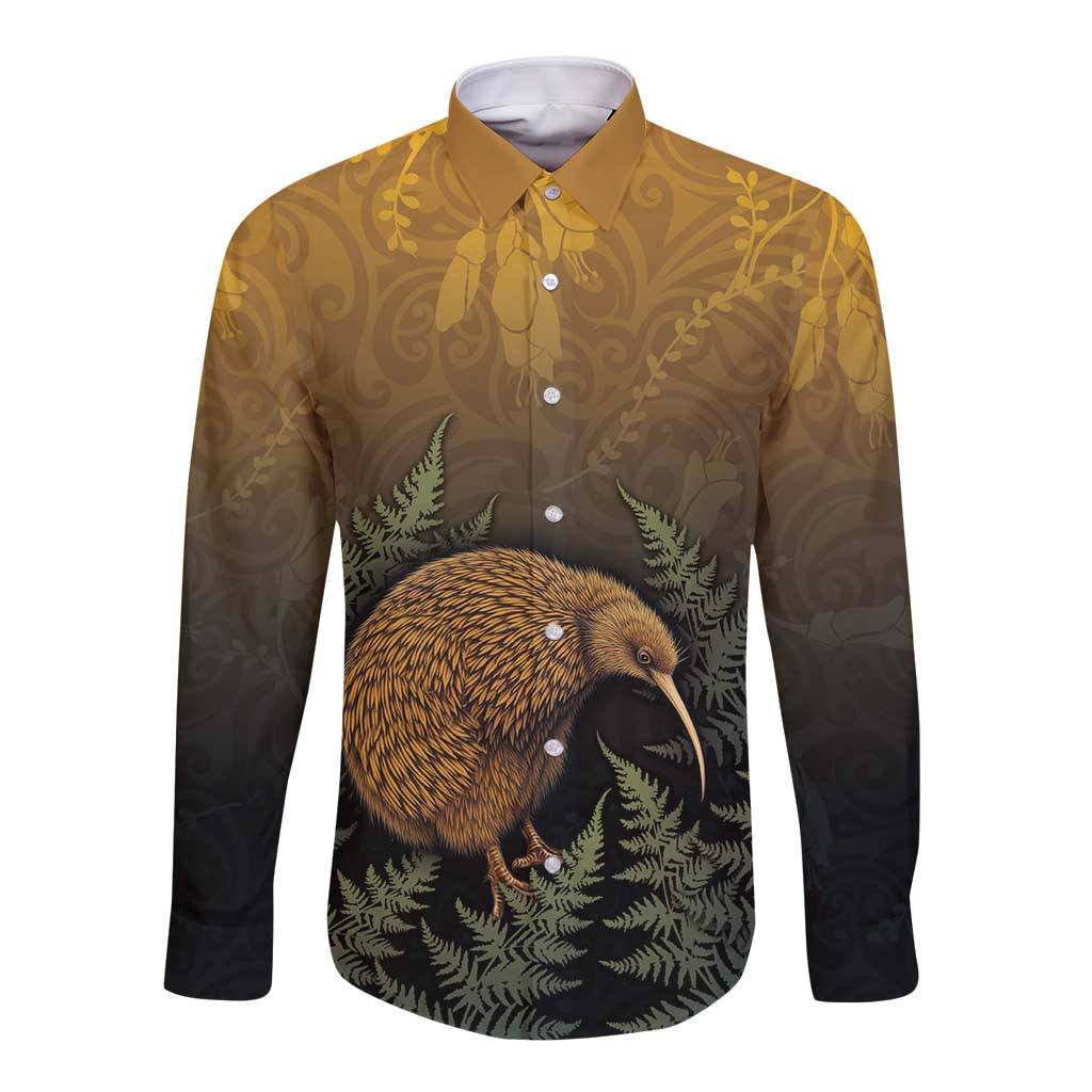 New Zealand Kiwi Bird Long Sleeve Button Shirt Silver Fern Mix Maori Pattern LT05 Unisex Brown - Polynesian Pride