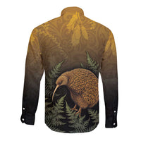 New Zealand Kiwi Bird Long Sleeve Button Shirt Silver Fern Mix Maori Pattern LT05 - Polynesian Pride