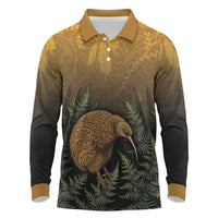 New Zealand Kiwi Bird Long Sleeve Polo Shirt Silver Fern Mix Maori Pattern LT05 Brown - Polynesian Pride