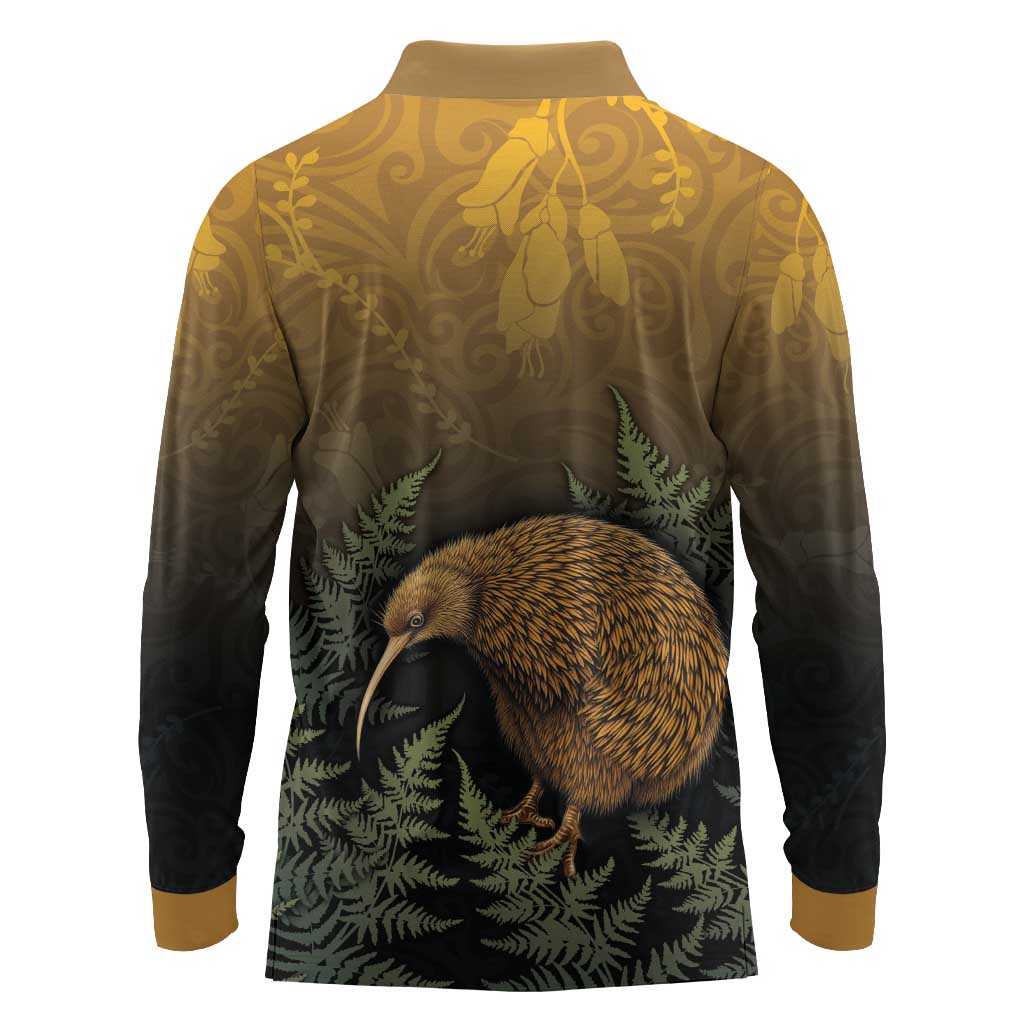 New Zealand Kiwi Bird Long Sleeve Polo Shirt Silver Fern Mix Maori Pattern LT05 - Polynesian Pride