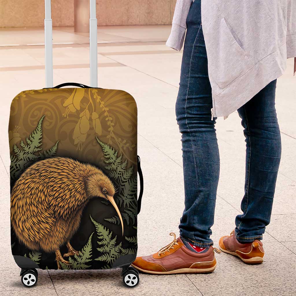 New Zealand Kiwi Bird Luggage Cover Silver Fern Mix Maori Pattern LT05 Brown - Polynesian Pride