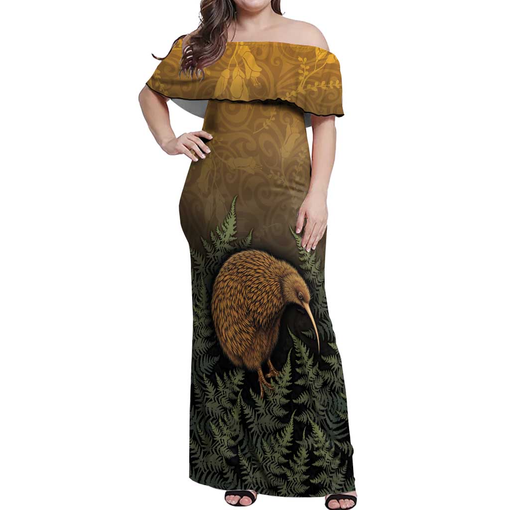 New Zealand Kiwi Bird Off Shoulder Maxi Dress Silver Fern Mix Maori Pattern LT05 Women Brown - Polynesian Pride