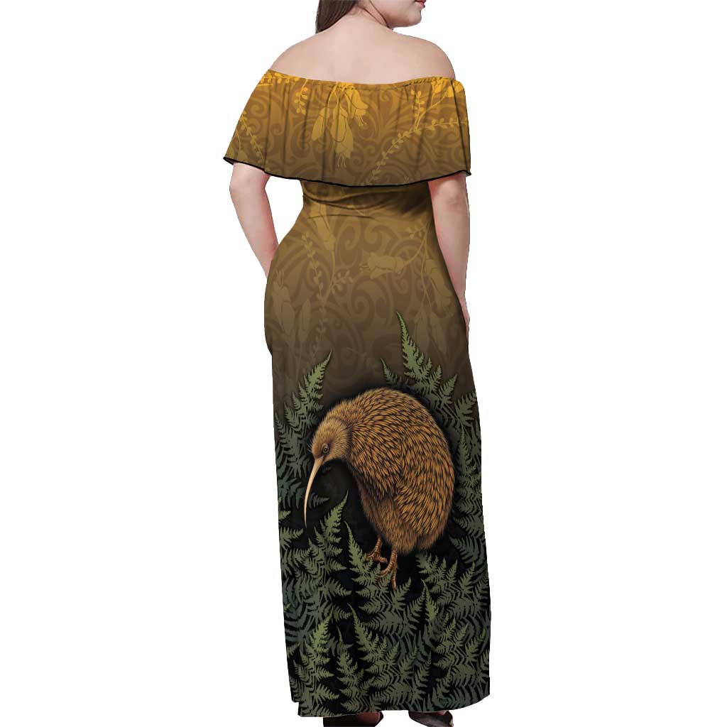 New Zealand Kiwi Bird Off Shoulder Maxi Dress Silver Fern Mix Maori Pattern LT05 - Polynesian Pride