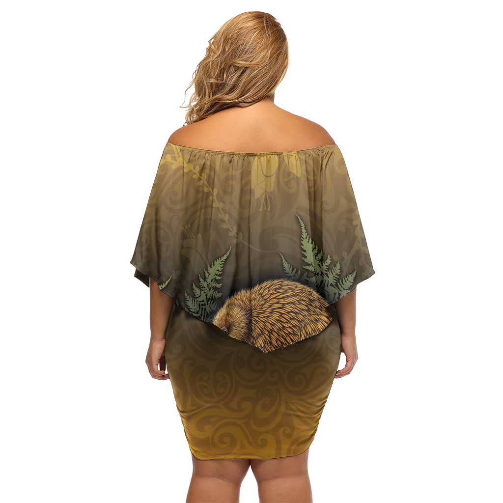 New Zealand Kiwi Bird Off Shoulder Short Dress Silver Fern Mix Maori Pattern LT05 - Polynesian Pride