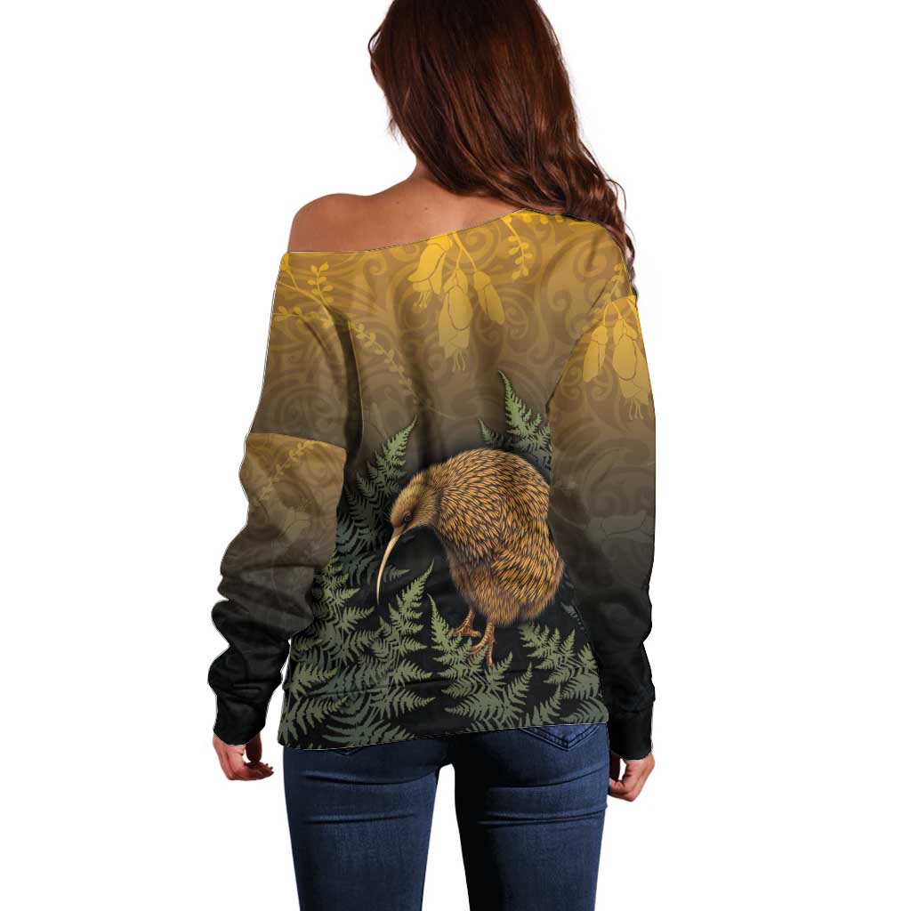New Zealand Kiwi Bird Off Shoulder Sweater Silver Fern Mix Maori Pattern LT05 - Polynesian Pride