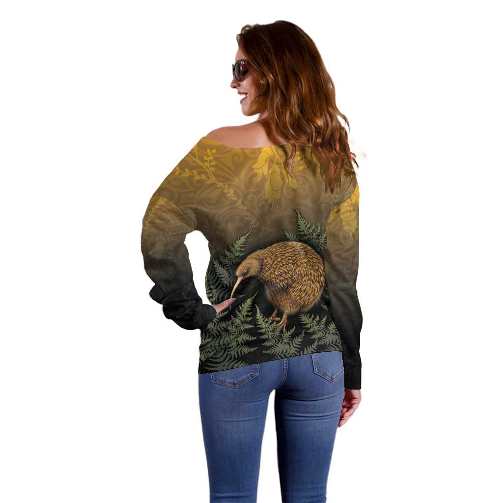 New Zealand Kiwi Bird Off Shoulder Sweater Silver Fern Mix Maori Pattern LT05 - Polynesian Pride