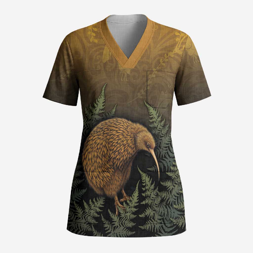 New Zealand Kiwi Bird Scrub Top Silver Fern Mix Maori Pattern LT05 Adult Brown - Polynesian Pride