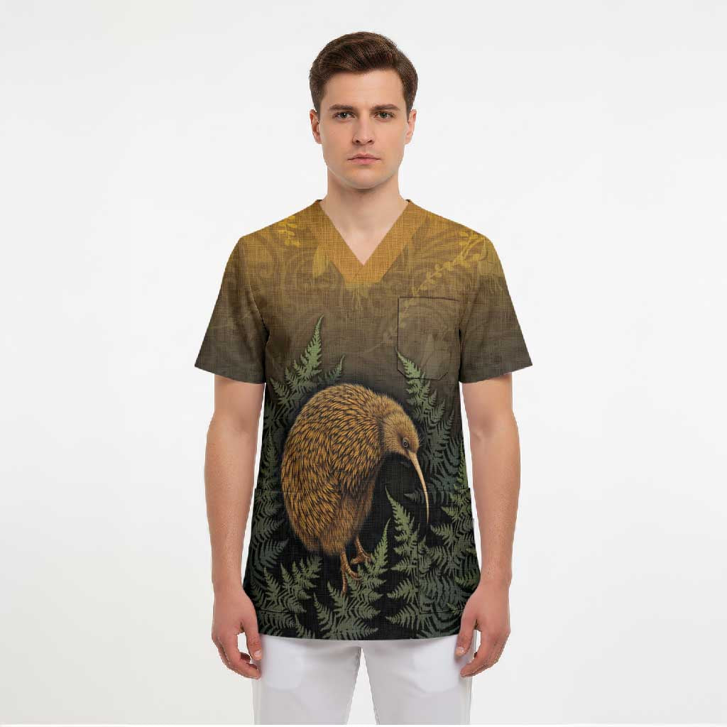 New Zealand Kiwi Bird Scrub Top Silver Fern Mix Maori Pattern LT05 - Polynesian Pride