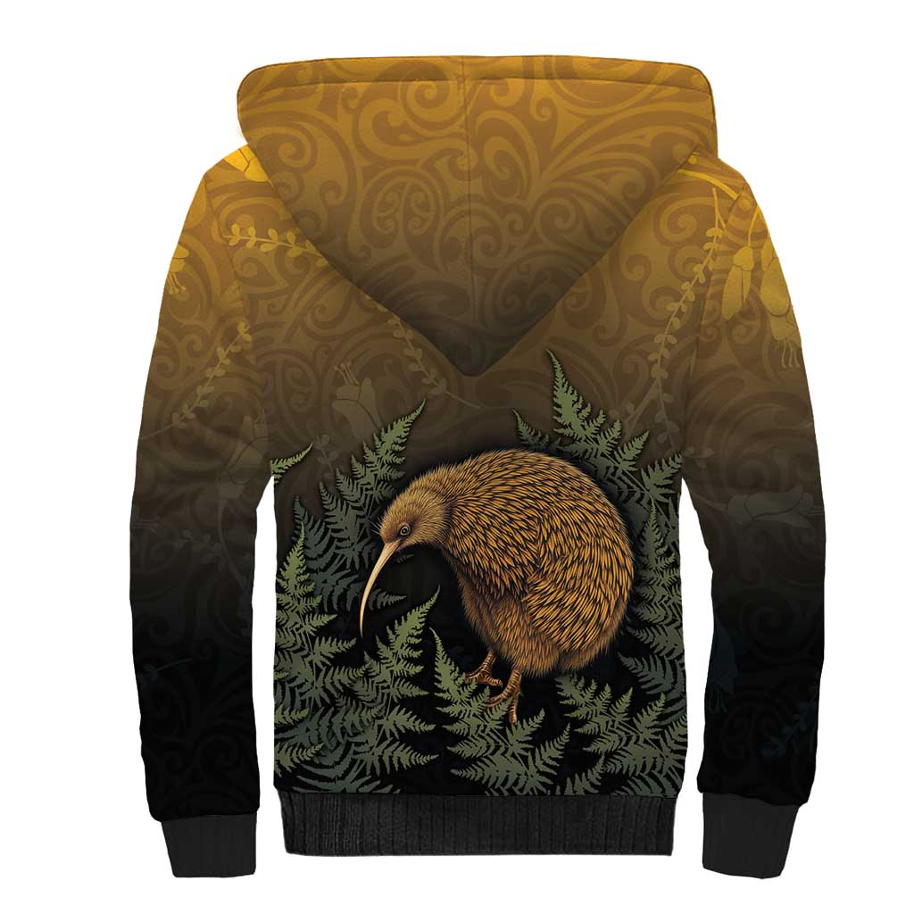 New Zealand Kiwi Bird Sherpa Hoodie Silver Fern Mix Maori Pattern