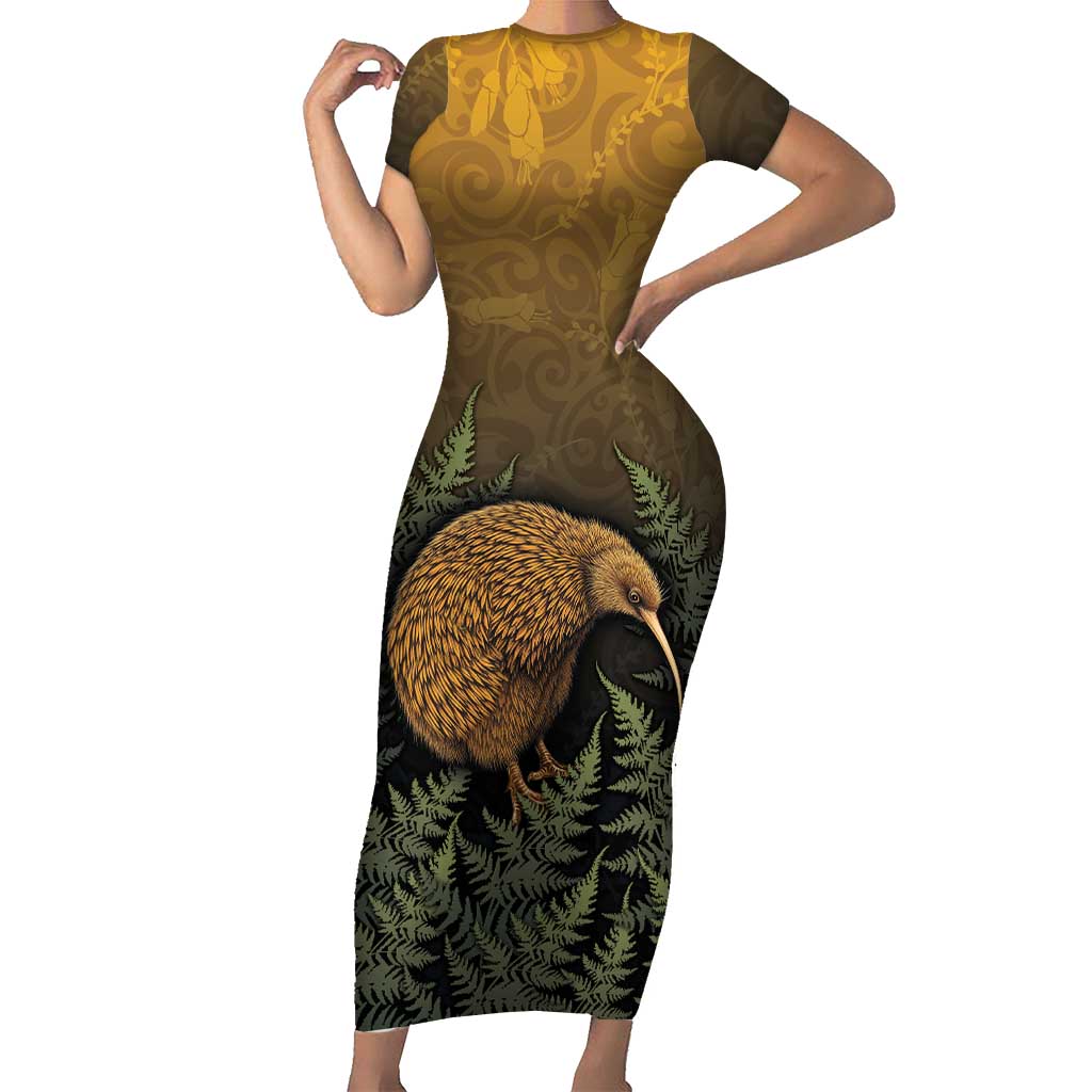 New Zealand Kiwi Bird Short Sleeve Bodycon Dress Silver Fern Mix Maori Pattern LT05 Long Dress Brown - Polynesian Pride