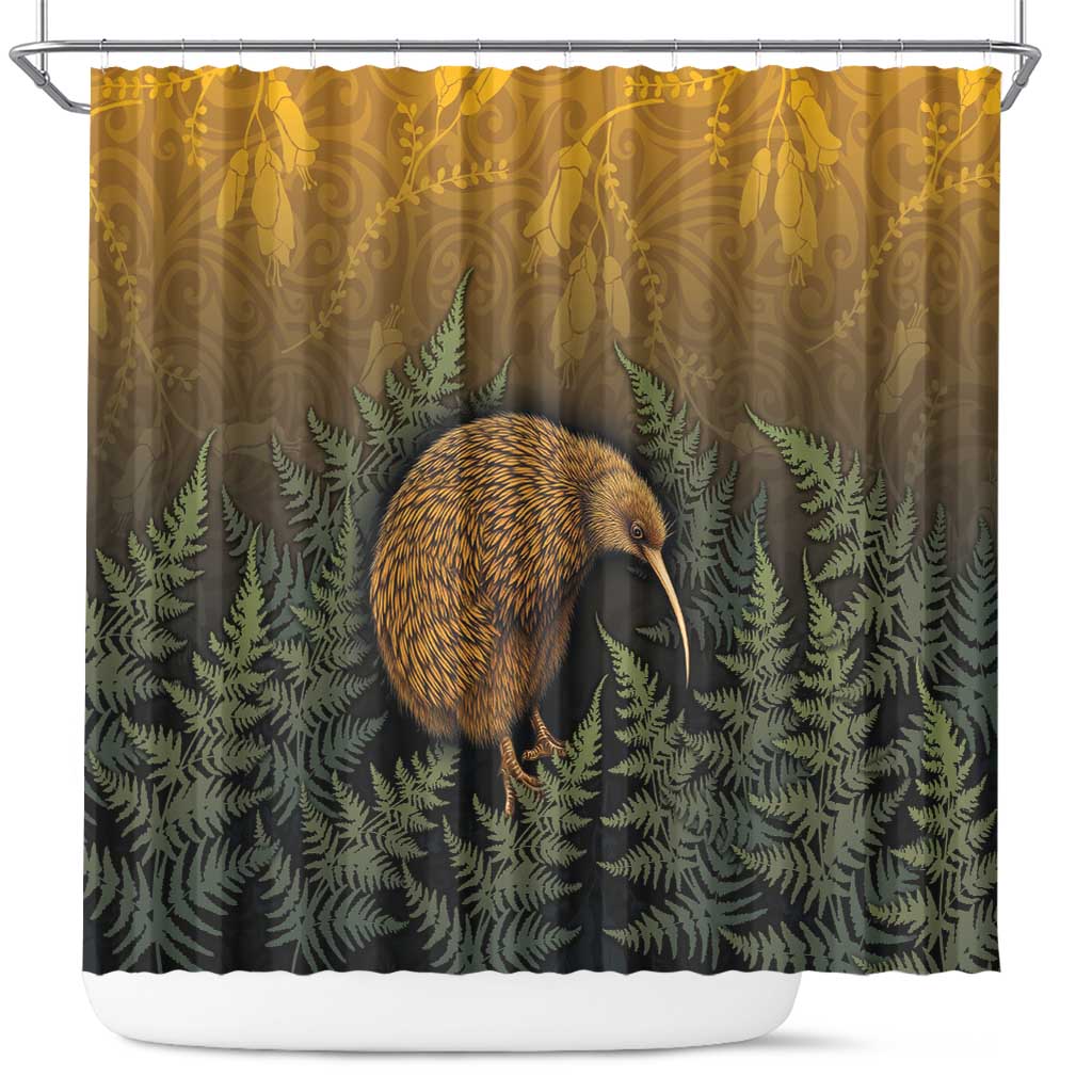 New Zealand Kiwi Bird Shower Curtain Silver Fern Mix Maori Pattern LT05 Brown - Polynesian Pride
