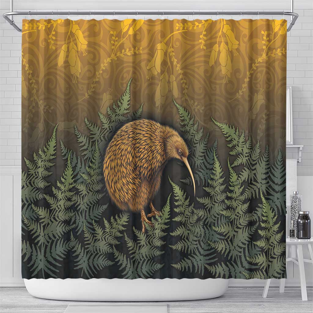 New Zealand Kiwi Bird Shower Curtain Silver Fern Mix Maori Pattern LT05 - Polynesian Pride
