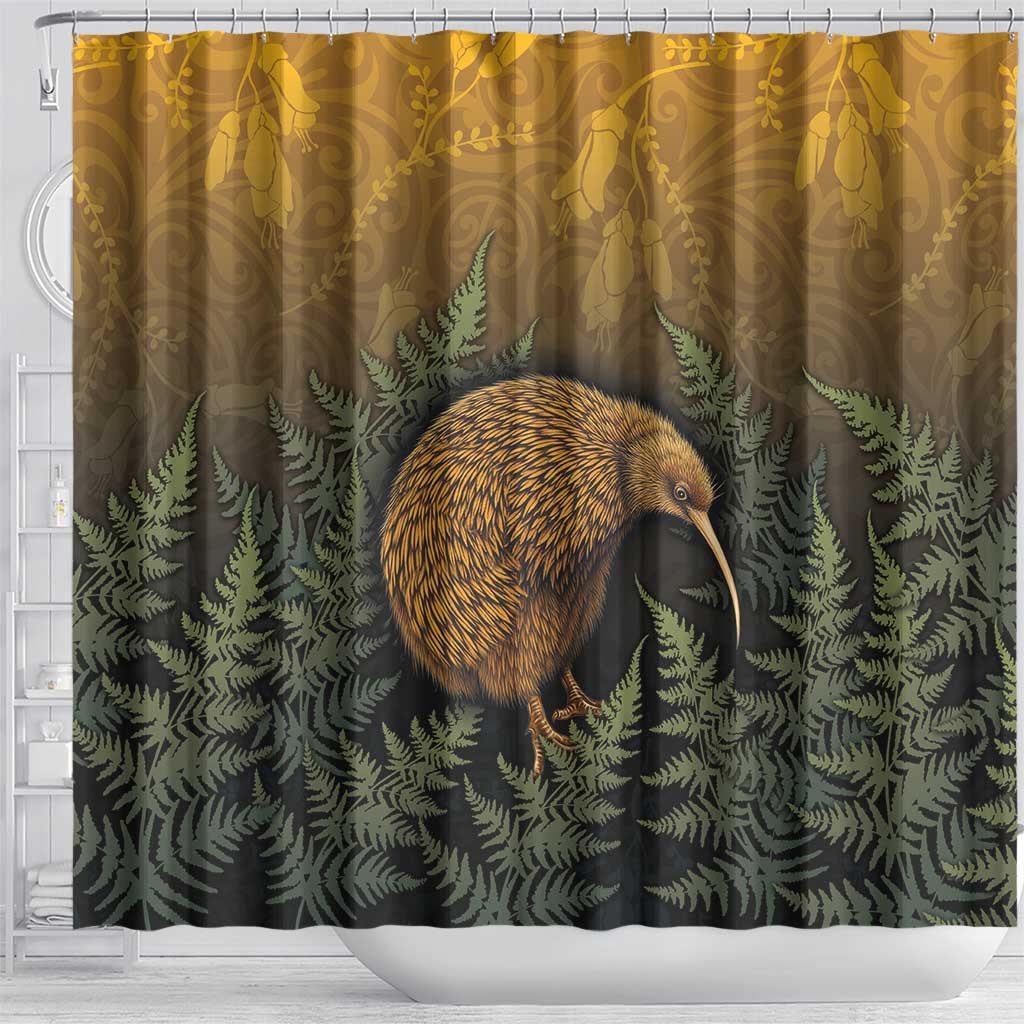 New Zealand Kiwi Bird Shower Curtain Silver Fern Mix Maori Pattern LT05 - Polynesian Pride