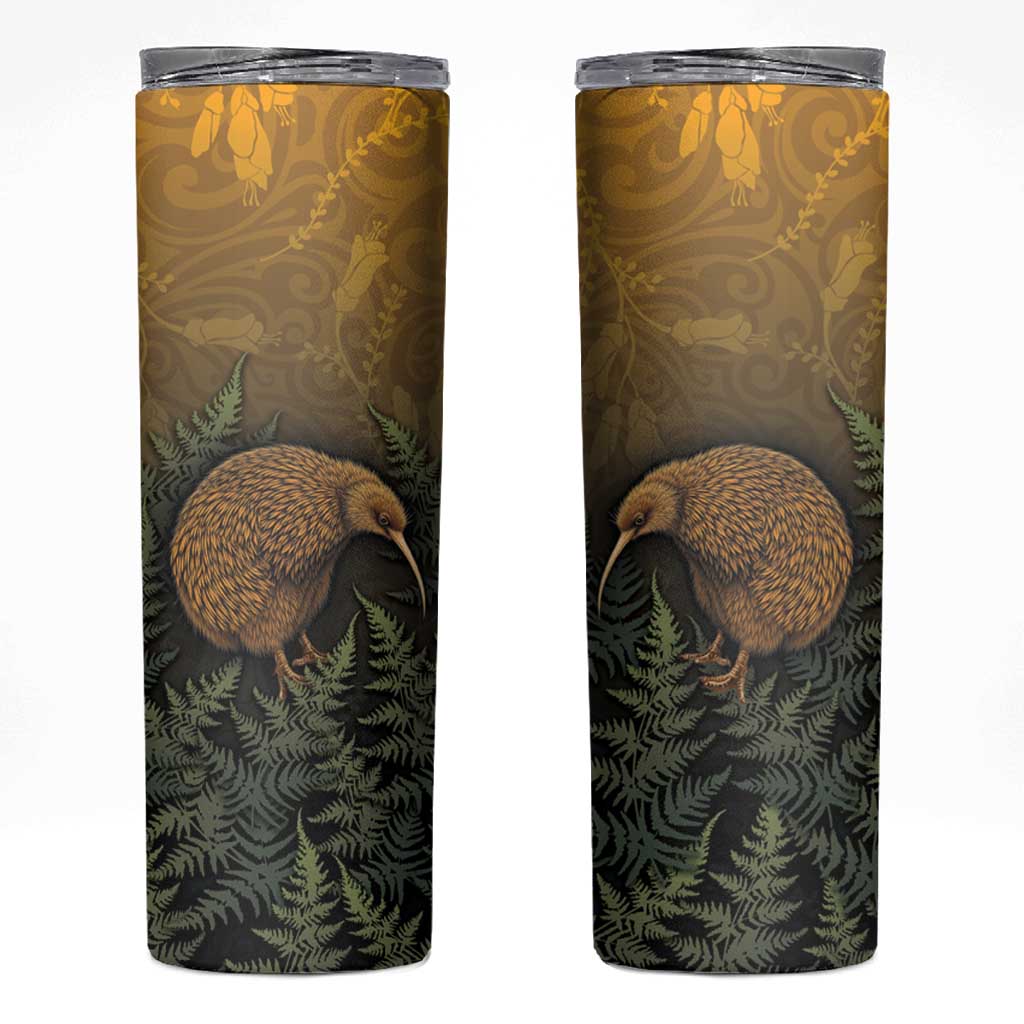 New Zealand Kiwi Bird Skinny Tumbler Silver Fern Mix Maori Pattern LT05 Brown - Polynesian Pride