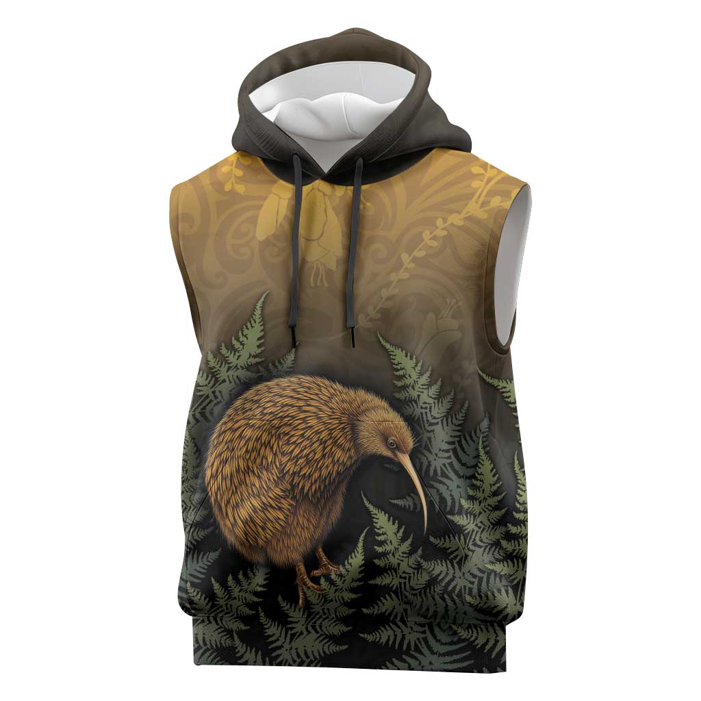 New Zealand Kiwi Bird Sleeveless Hoodie Silver Fern Mix Maori Pattern LT05 Brown - Polynesian Pride