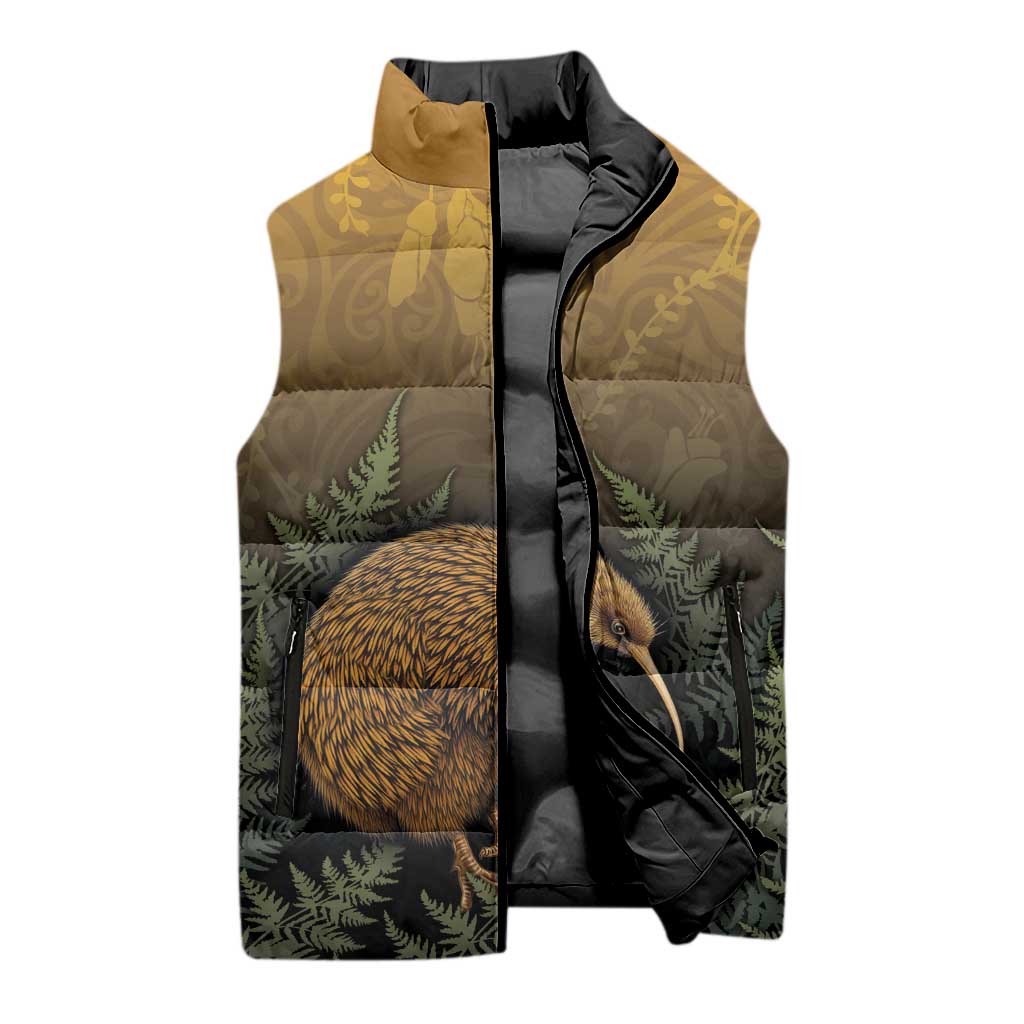New Zealand Kiwi Bird Sleeveless Puffer Jacket Silver Fern Mix Maori Pattern LT05 - Polynesian Pride