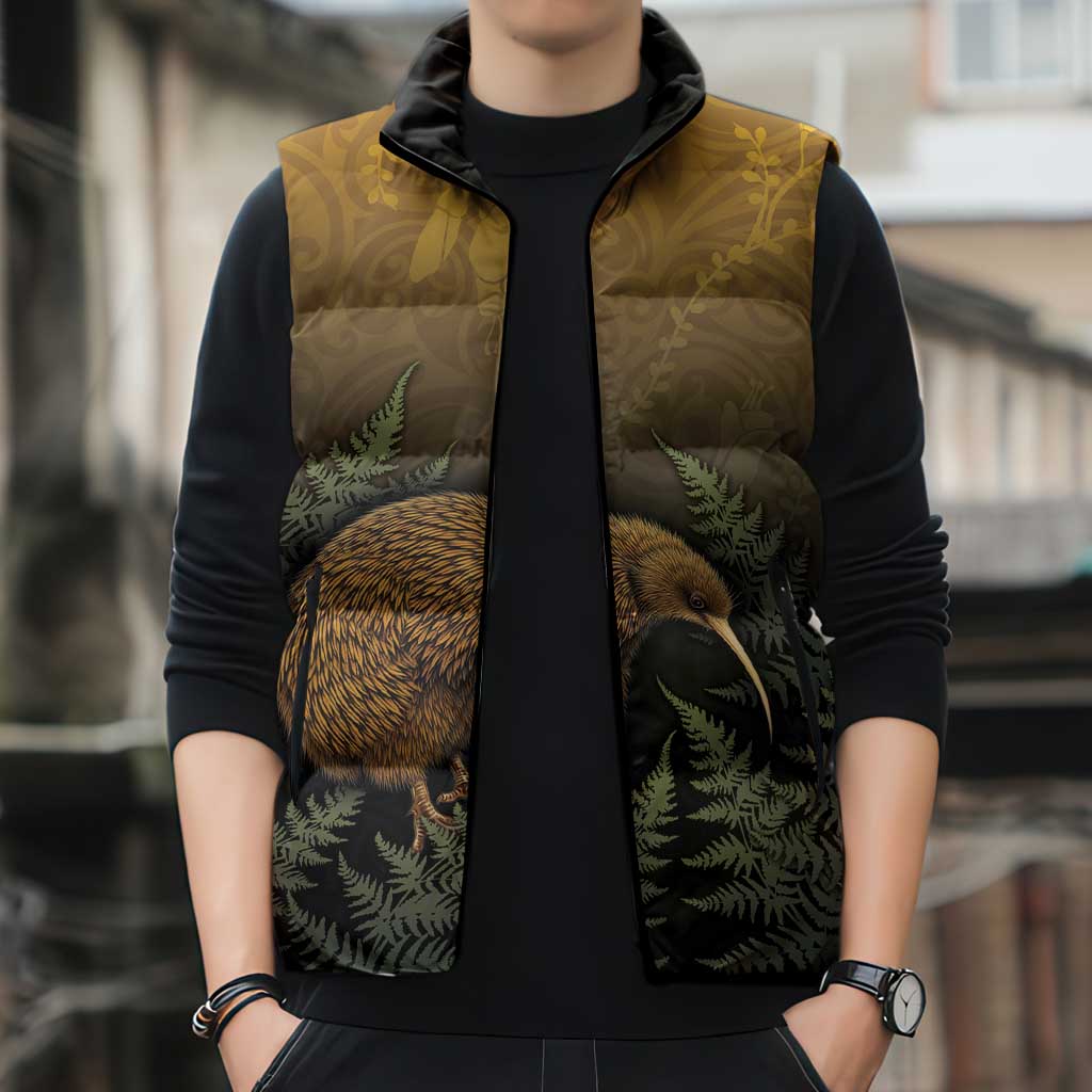 New Zealand Kiwi Bird Sleeveless Puffer Jacket Silver Fern Mix Maori Pattern LT05 - Polynesian Pride
