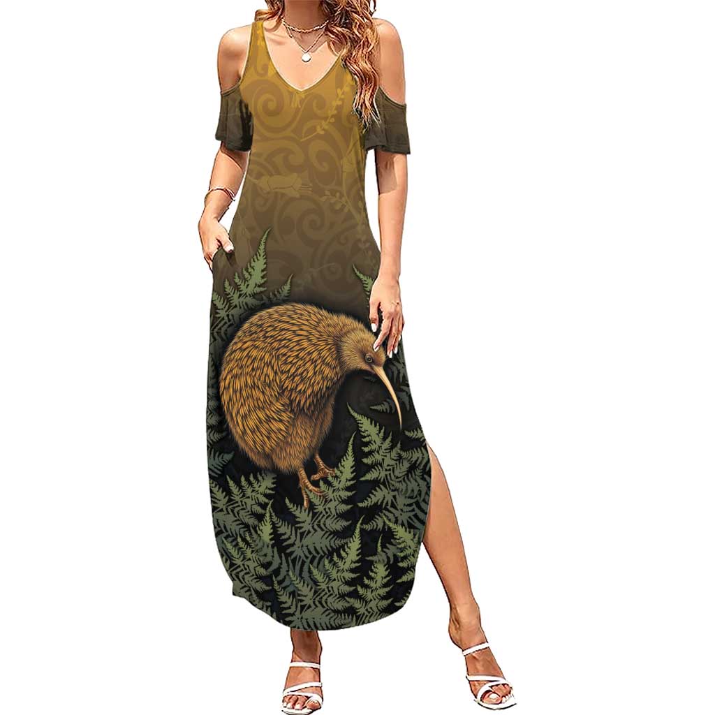 New Zealand Kiwi Bird Summer Maxi Dress Silver Fern Mix Maori Pattern LT05 Women Brown - Polynesian Pride