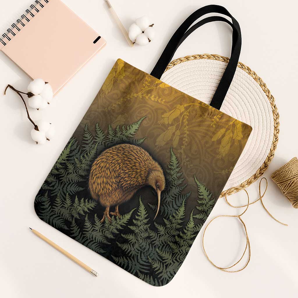 New Zealand Kiwi Bird Tote Bag Silver Fern Mix Maori Pattern LT05 Black Strap One Size Brown - Polynesian Pride