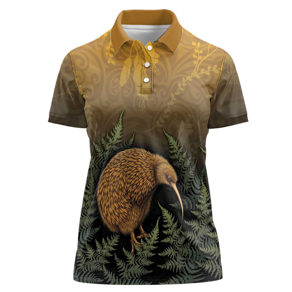 New Zealand Kiwi Bird Women Polo Shirt Silver Fern Mix Maori Pattern LT05 Female Brown - Polynesian Pride