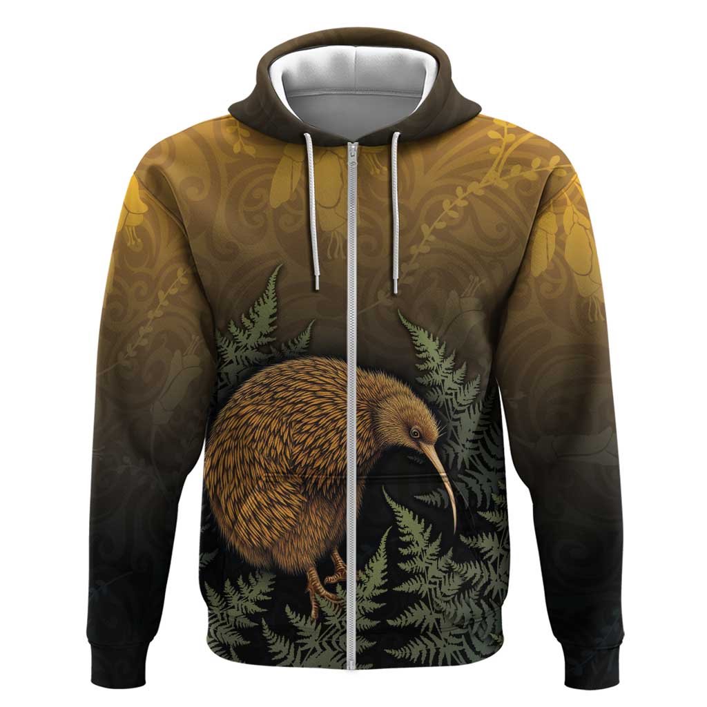 New Zealand Kiwi Bird Zip Hoodie Silver Fern Mix Maori Pattern LT05 Zip Hoodie Brown - Polynesian Pride