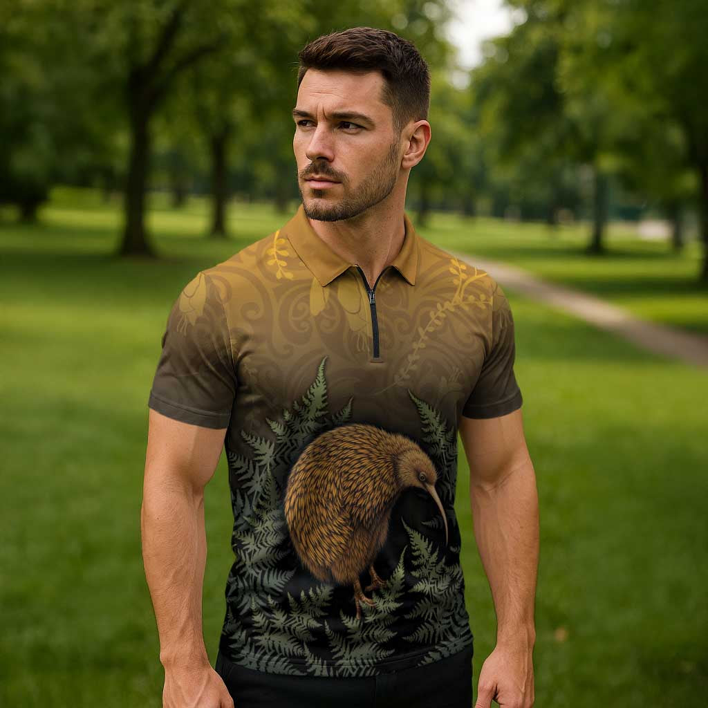 New Zealand Kiwi Bird Zipper Polo Shirt Silver Fern Mix Maori Pattern LT05 - Polynesian Pride