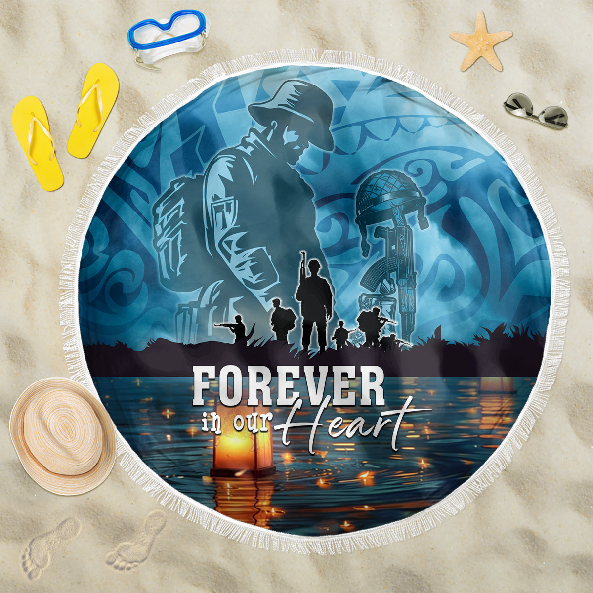 Hawaii Memorial Day Lantern Floating Beach Blanket Always In Our Hearts LT05 One Size 150cm Blue - Polynesian Pride