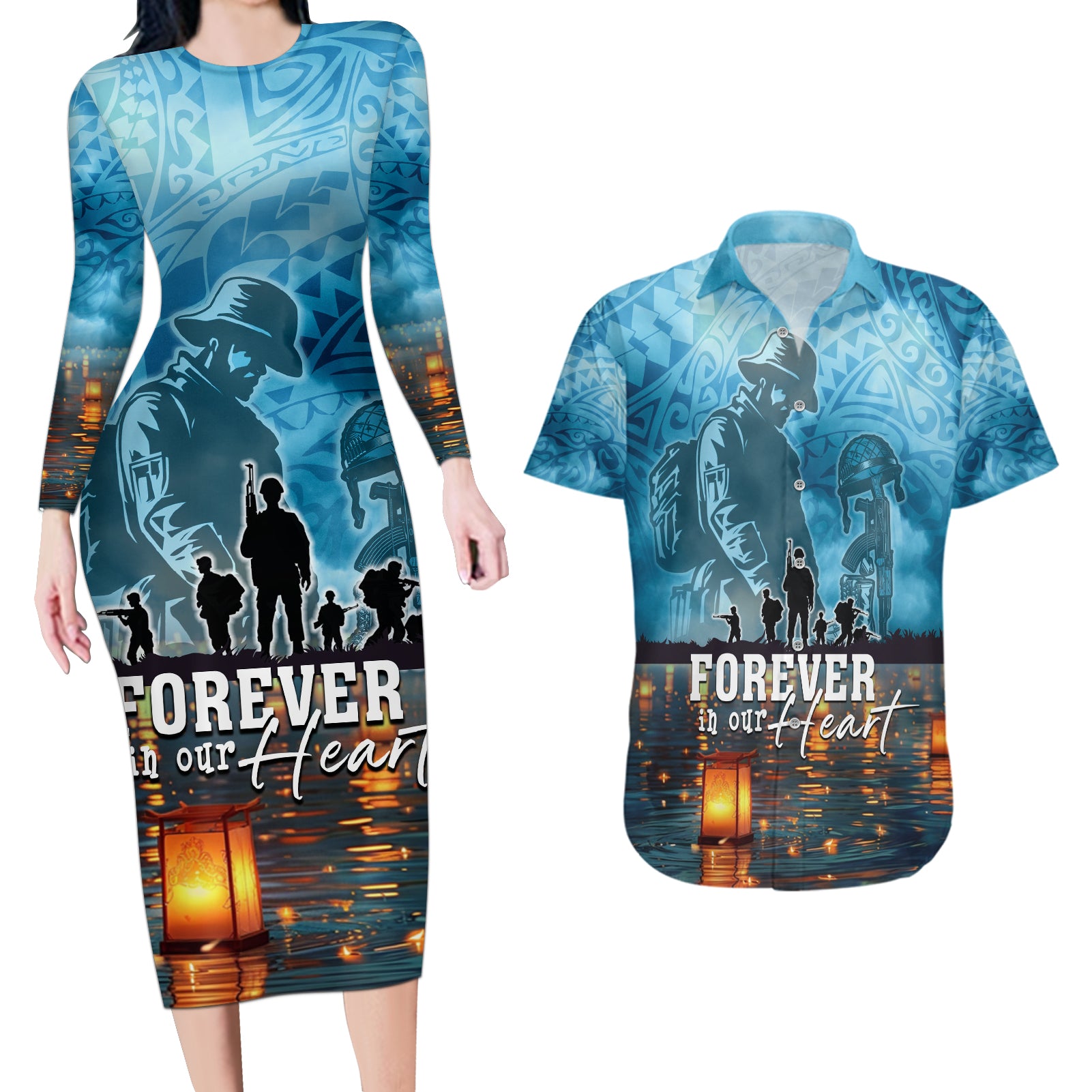 Hawaii Memorial Day Lantern Floating Couples Matching Long Sleeve Bodycon Dress and Hawaiian Shirt Always In Our Hearts