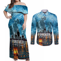 Hawaii Memorial Day Lantern Floating Couples Matching Off Shoulder Maxi Dress and Long Sleeve Button Shirt Always In Our Hearts LT05 Blue - Polynesian Pride