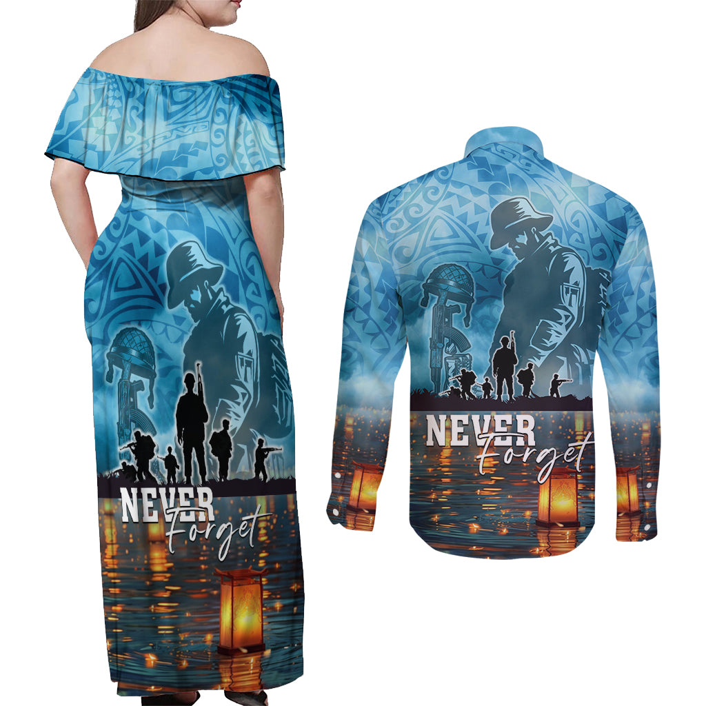 Hawaii Memorial Day Lantern Floating Couples Matching Off Shoulder Maxi Dress and Long Sleeve Button Shirt Always In Our Hearts LT05 - Polynesian Pride