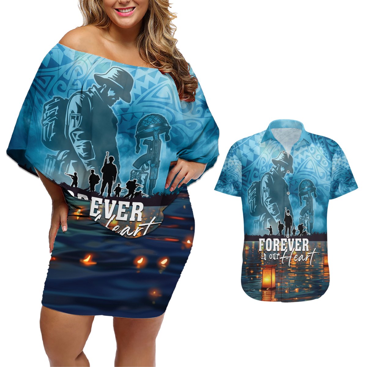 Hawaii Memorial Day Lantern Floating Couples Matching Off Shoulder Short Dress and Hawaiian Shirt Always In Our Hearts LT05 Blue - Polynesian Pride
