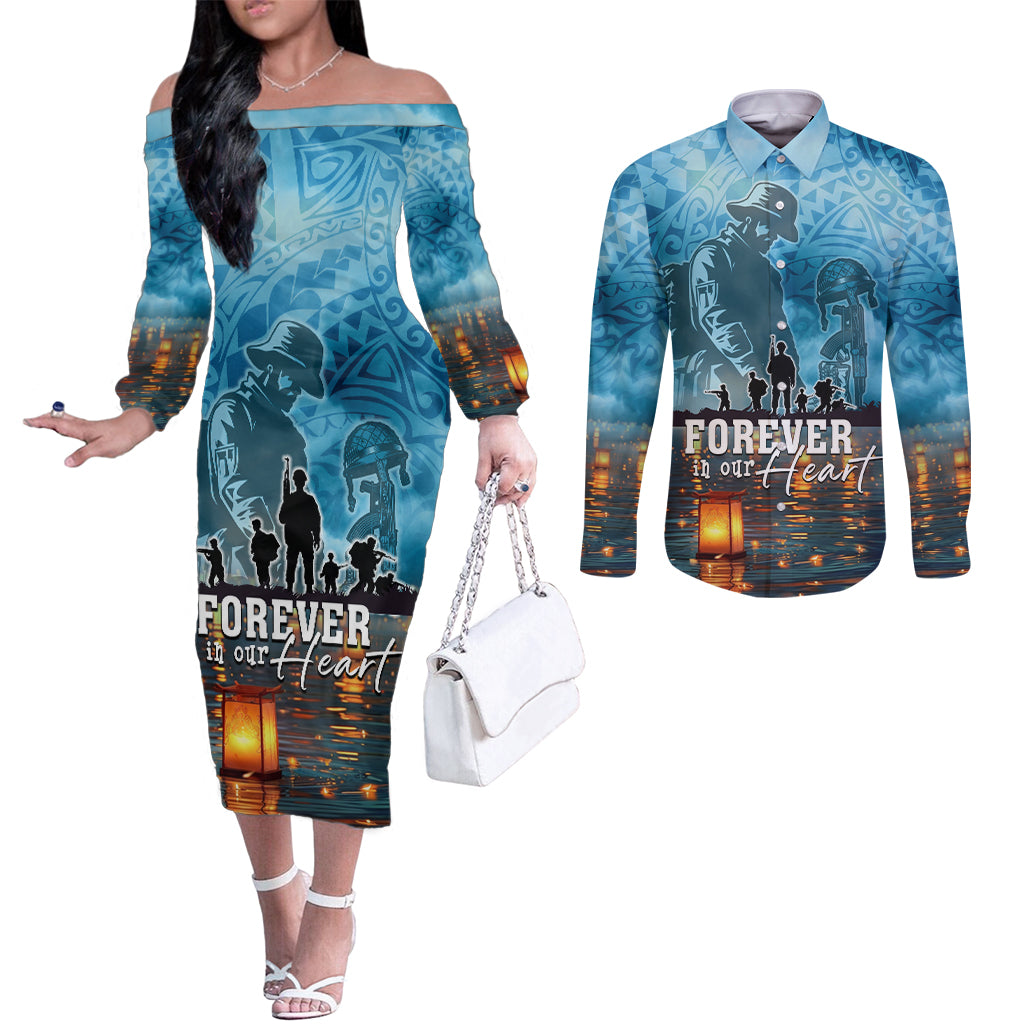 Hawaii Memorial Day Lantern Floating Couples Matching Off The Shoulder Long Sleeve Dress and Long Sleeve Button Shirt Always In Our Hearts LT05 Blue - Polynesian Pride