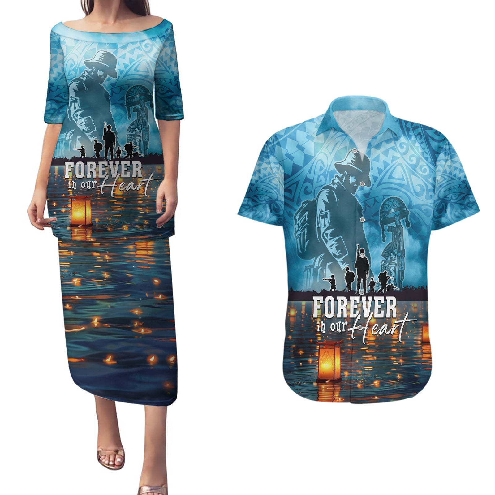 Hawaii Memorial Day Lantern Floating Couples Matching Puletasi and Hawaiian Shirt Always In Our Hearts LT05 Blue - Polynesian Pride