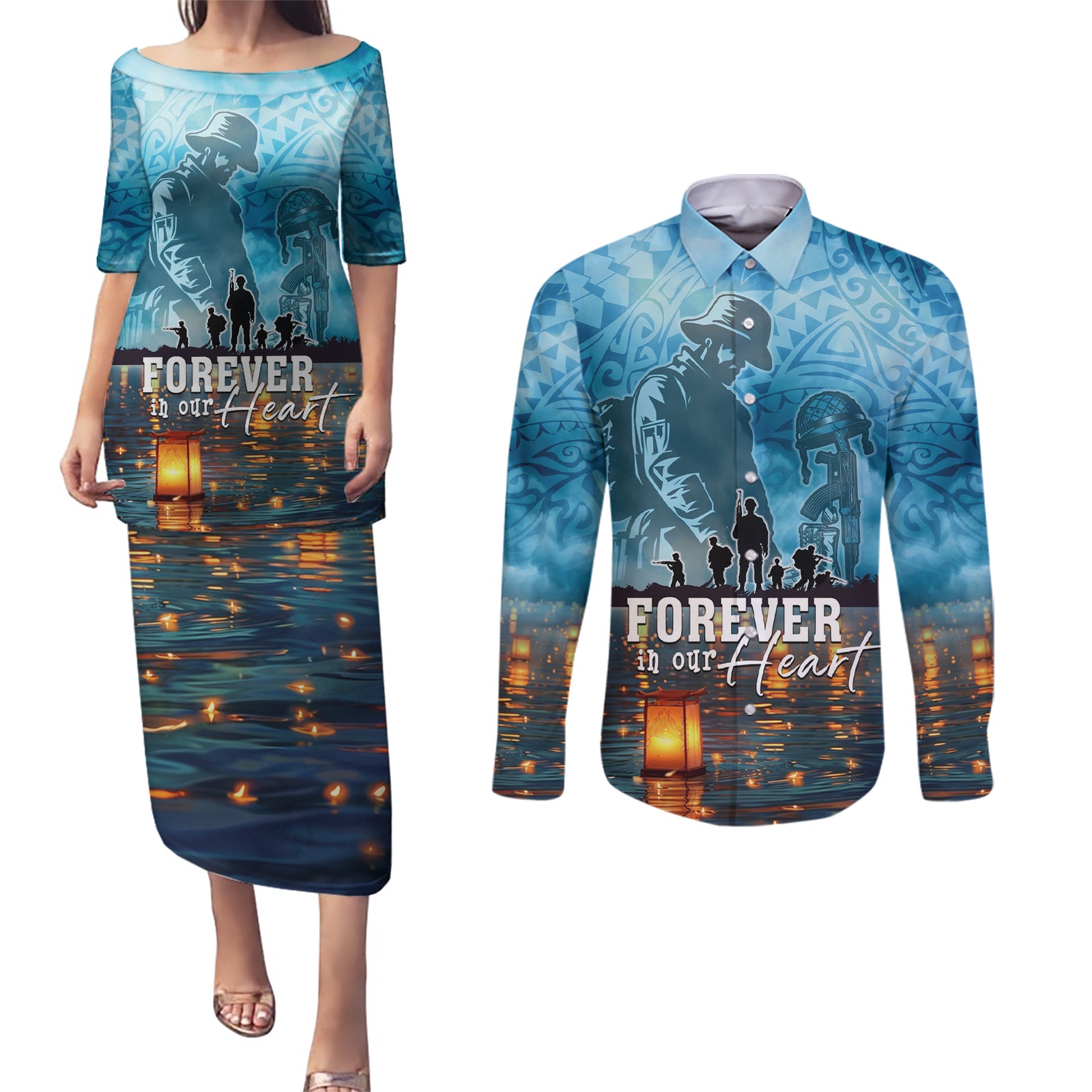 Hawaii Memorial Day Lantern Floating Couples Matching Puletasi and Long Sleeve Button Shirt Always In Our Hearts LT05 Blue - Polynesian Pride