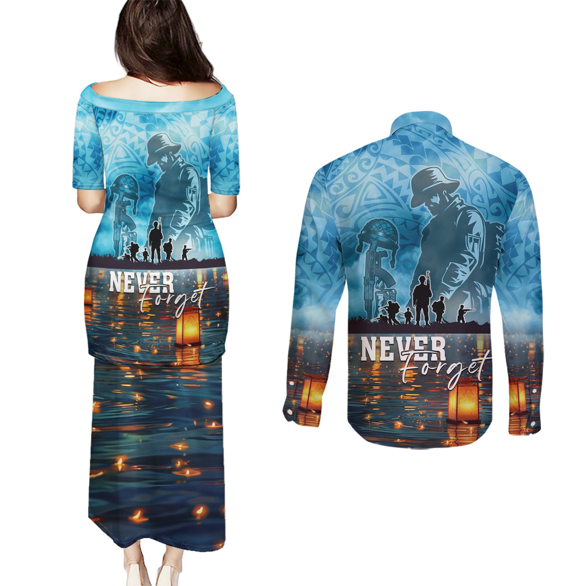 Hawaii Memorial Day Lantern Floating Couples Matching Puletasi and Long Sleeve Button Shirt Always In Our Hearts LT05 - Polynesian Pride