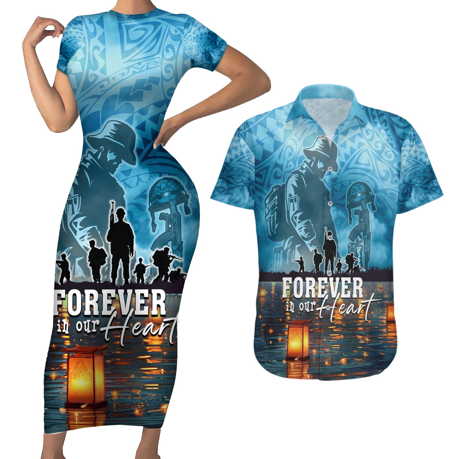 Hawaii Memorial Day Lantern Floating Couples Matching Short Sleeve Bodycon Dress and Hawaiian Shirt Always In Our Hearts