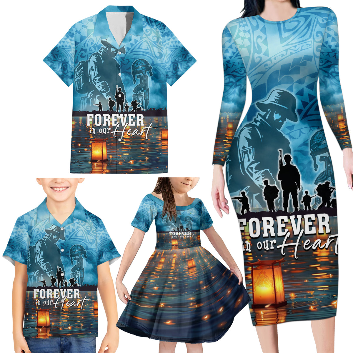 Hawaii Memorial Day Lantern Floating Family Matching Long Sleeve Bodycon Dress and Hawaiian Shirt Always In Our Hearts