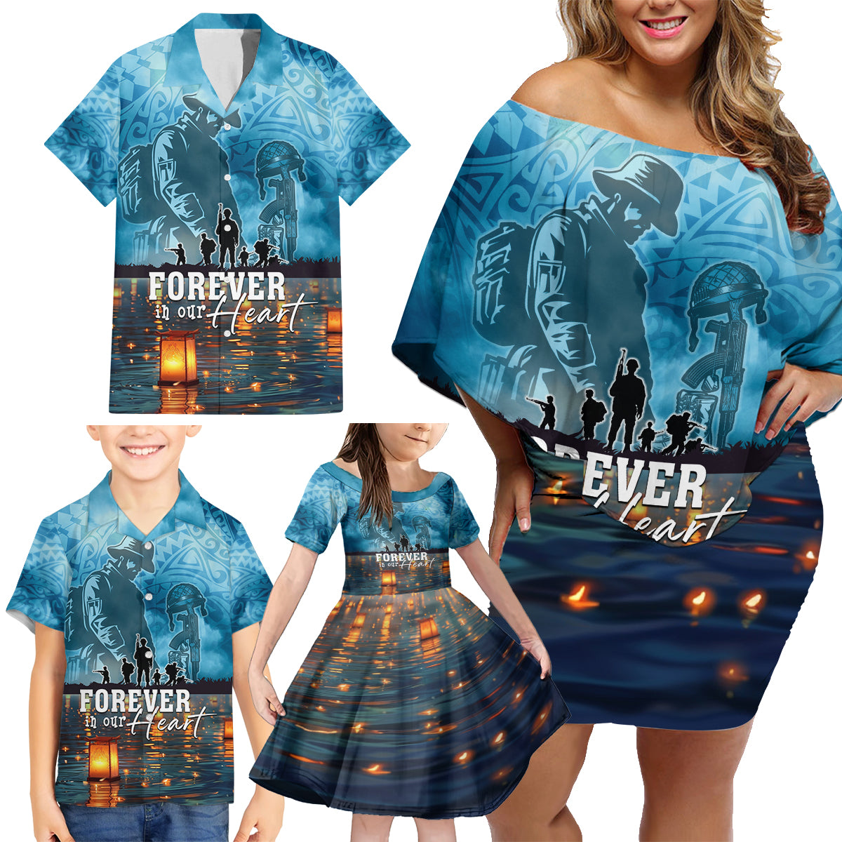 Hawaii Memorial Day Lantern Floating Family Matching Off Shoulder Short Dress and Hawaiian Shirt Always In Our Hearts