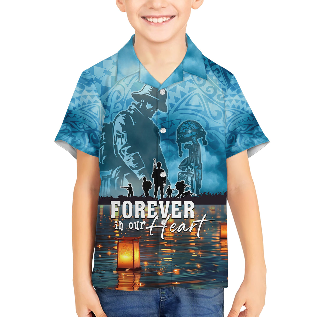 Hawaii Memorial Day Lantern Floating Family Matching Short Sleeve Bodycon Dress and Hawaiian Shirt Always In Our Hearts LT05 Son's Shirt Blue - Polynesian Pride