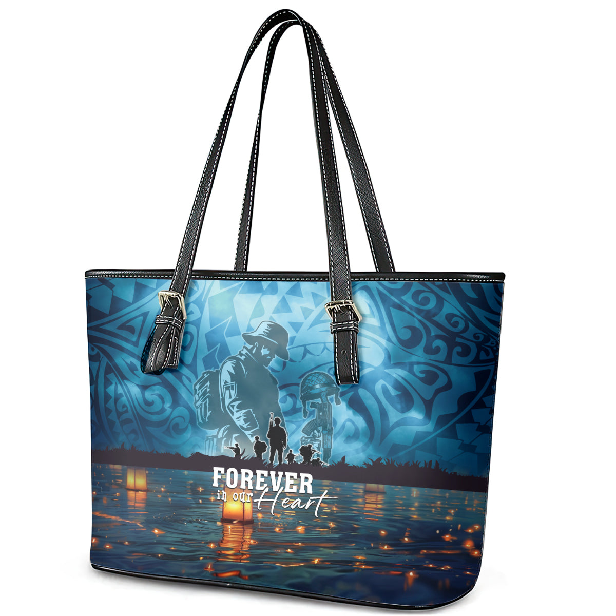 Hawaii Memorial Day Lantern Floating Leather Tote Bag Always In Our Hearts LT05 - Polynesian Pride