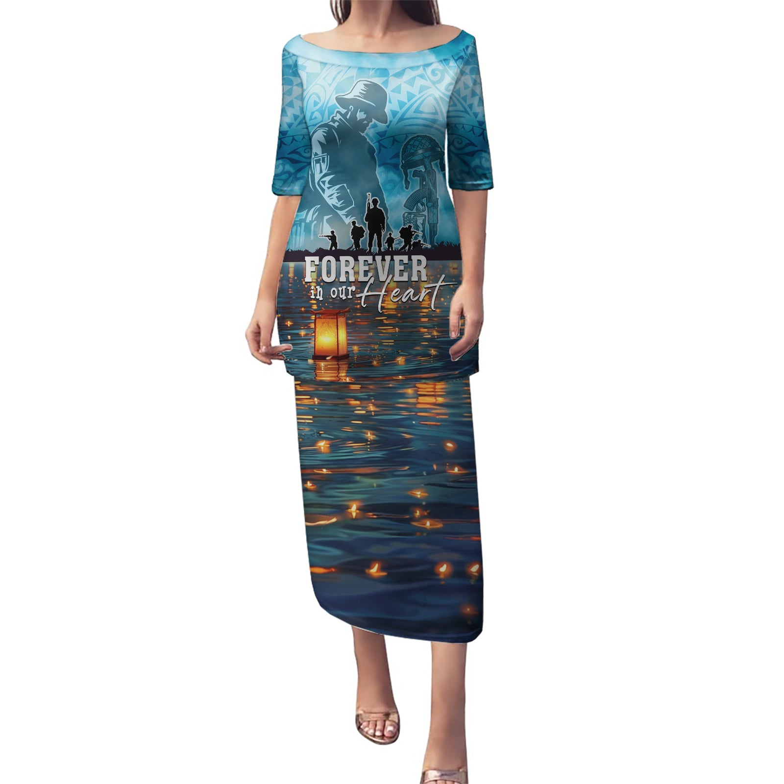 Hawaii Memorial Day Lantern Floating Puletasi Always In Our Hearts LT05 Long Dress Blue - Polynesian Pride